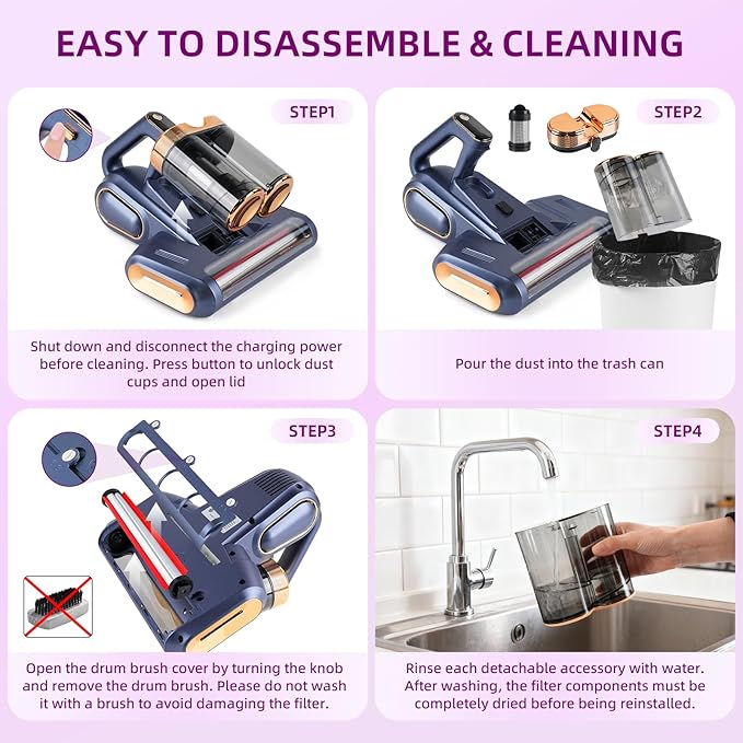 BESTING Mattress Vacuum Cordless with 16Kpa Suction & HEPA Dust Cups, 253.7nm UV-C Light & Ultrasonic, Low Noise Widened Suction Port Handheld Vacuum for Bed Pillows Couch Car Seat Rugs, Deep Blue