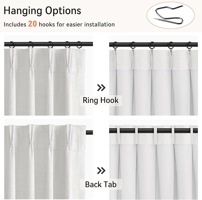 Pinch Pleated Full Blackout Faux Linen Curtains 120 Inches Long | Bright White - Image 3