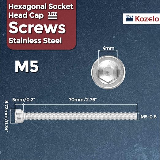 Kozelo 10pcs Socket Head Cap Screws - [M5-0.8 x 70mm] 304 Stainless Steel Allen Socket Drive for Electrical Motor 3D Printing Fan Engine Replacement Use, Silver