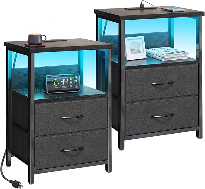 Fixwal Black Nightstands Set of 2, Led Night Stand by Fixwal
