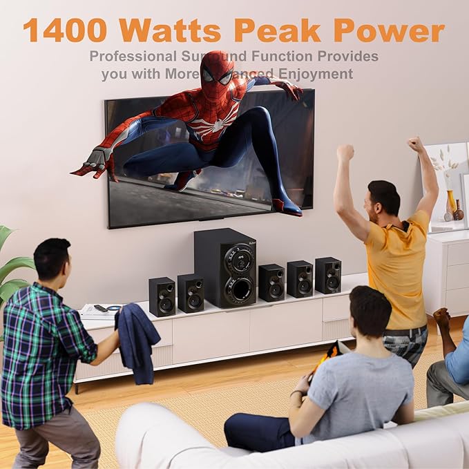 Bobtot Home Theater Sound System 5.1 Surround Sound Systems - 1400 Watts Peak Power 12" Subwoofer Strong Bass 5.1 Wired Home Audio Stereo Sound with Bluetooth ARC Optical Input for TV