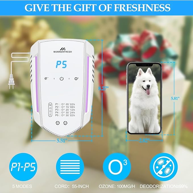 Morrerfresh Ozone Odor Eliminator for Strong Odor 99% Cat Litter Deodorizer Dog Poof Odor Removal Air Ionizers for Home Portable Air Purifier for Pets Toilet Wardrobe Shoe Garage Room Cabinet White