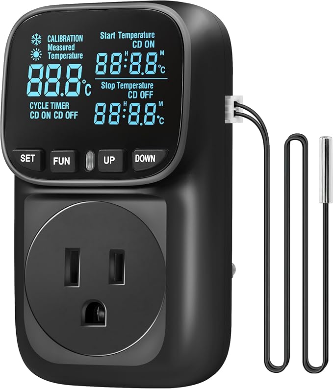 WILAWELS Digital Temperature Controller Outlet, 15A/1800W Heavy Duty Thermostat Plug, VA LCD Display, Heating/Cooling Control, -40°F~210°F, 4 Timer Modes, for Greenhouse Incubator Homebrew B01TC06