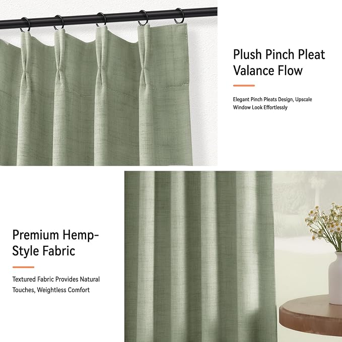 Pinch Pleated Full Blackout Faux Linen Curtains 90 Inches Long | Sage Green - Image 7