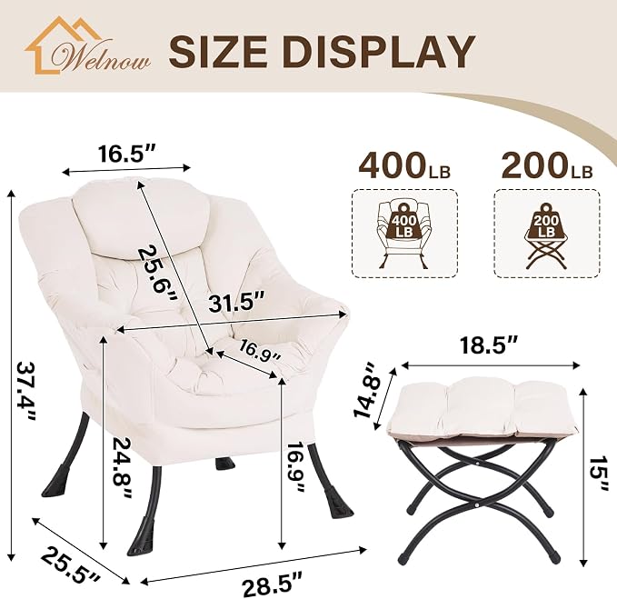 Welnow Lazy Chair with Ottoman, Reading Chair with Footrest, Foldable Footrest - Image 3