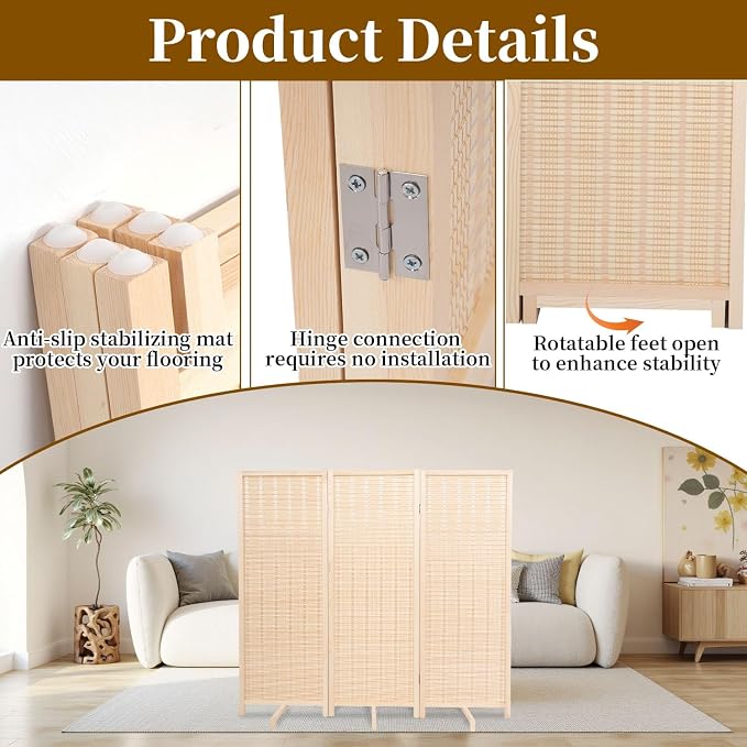 Bamboo Room Divider 3 Panel 47" H, 360°Rotating Feet Privacy Screen, Portable - Image 6