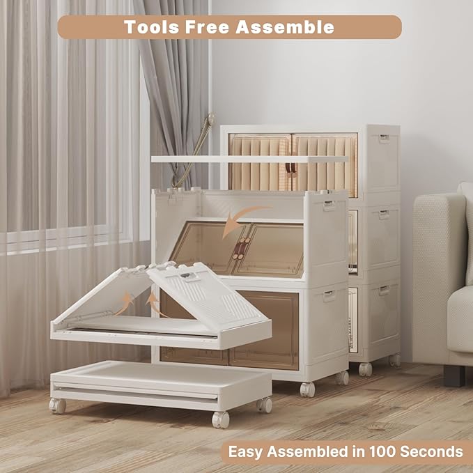 Extra Large Stackable Storage Bins with Lids & Wheels, Foldable Plastic Storage Bins (White, 19.7"×12.4"×33.4")