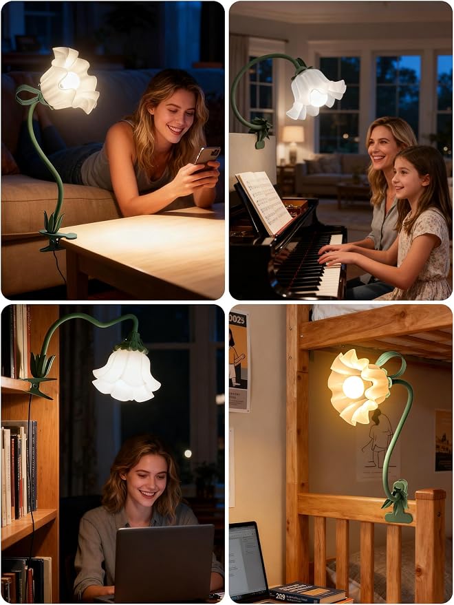 Clip on Light Flower Desk Lamp, LED Reading Light 3 Color Modes Eye-Caring Book - Image 7