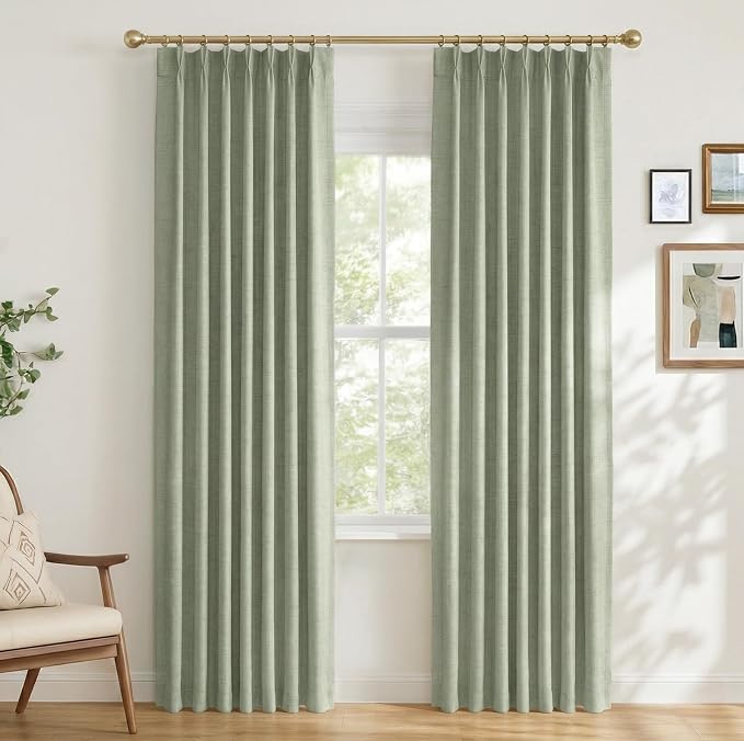 Pinch Pleated Full Blackout Faux Linen Curtains 90 Inches Long | Sage Green by 100BlackoutShield