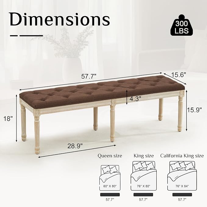 LOULENS 57.7" Linen End of Bed Bench King Size, Upholstered Bench, Upholstered - Image 2