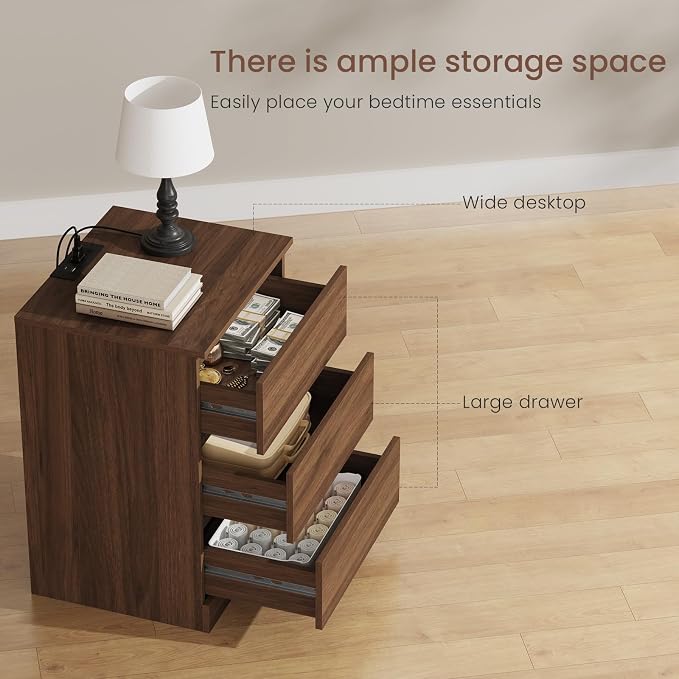 Nightstands Set of 2 with Charging Station and Drawer, Walnut | Bedside Tables - Image 7