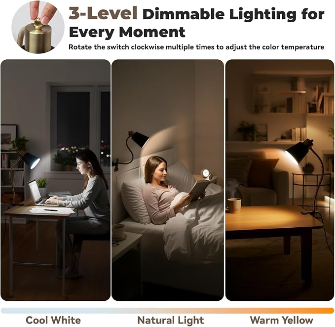Desk lamp Eye-Caring Table Lamps, 360°Rotation Gooseneck Clip on Lamp Reading - Image 2