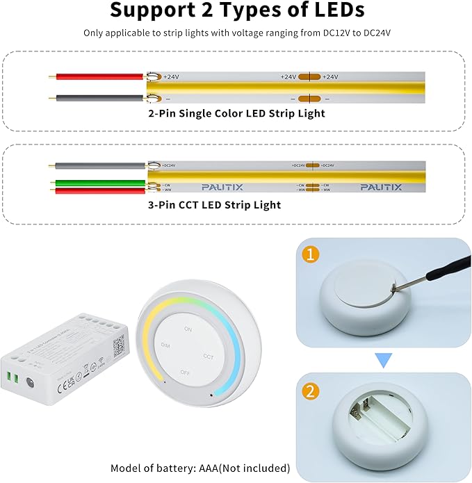 PAUTIX Single Color+CCT LED Controller Magnetic Panel Dimmer,2.4G RF Wireless Remote Control,288W High Output 2-in-1 LED Controller/Driver,for 2835/3528/5050/COB/CCT PWM LED Strip Lights,12V 24V