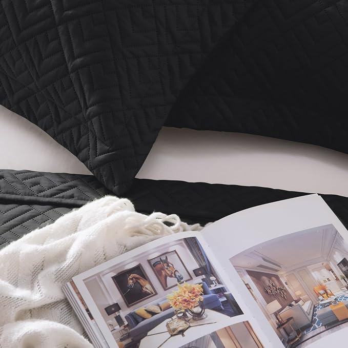 EXQ Home King Size Quilt Set Squares Pattern Bedding Set Lightweight Black | - Image 7
