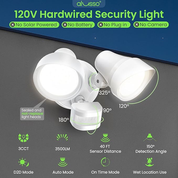 ALUSSO Motion Sensor Outdoor Lights, 30W 3500LM Flood Lights Outdoor, 3 Modes (Dusk to Dawn/Auto/On Time), 3CCT 3000K/4000K/6500K Waterproof Hardwired ETL Listed, Porch Garage Flood Light, White 1PC