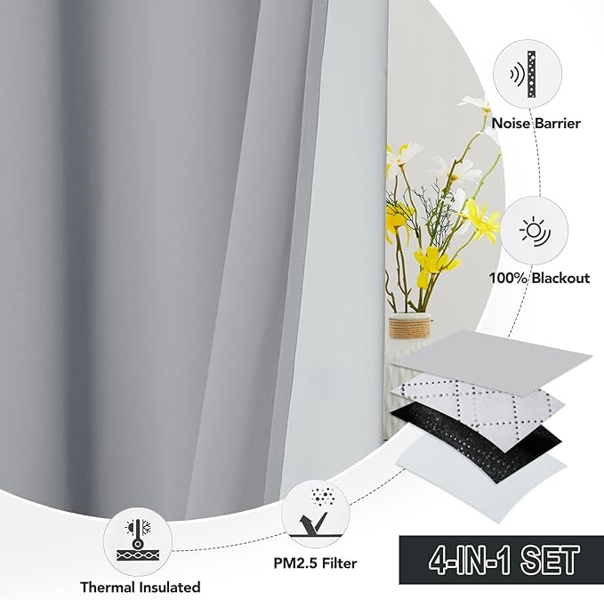 RYB HOME Soundproof & Dust Particle Filtering Curtains Blackout Window Treatment for Bedroom Living Room Divider Nursery Daytime Sleeping Patio Door, Silver Grey, W52 x L 108 inch, 2 Panels