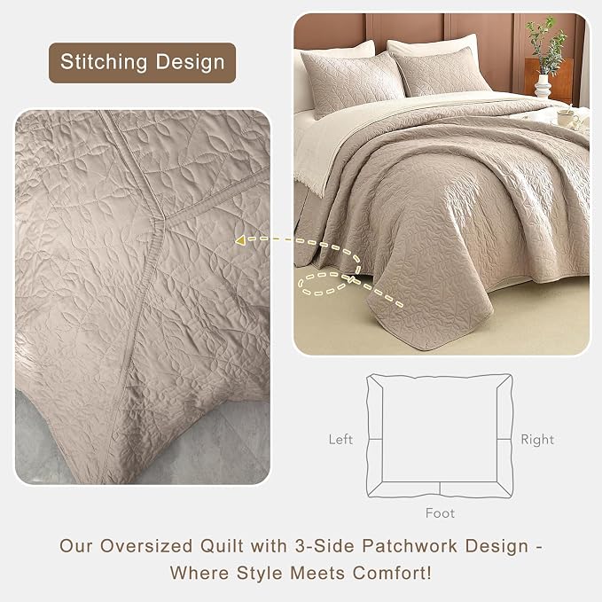 Lady Ann Oversized King Bedspreads 128x120, Extra Large 3 Pieces Leaves Print - Image 4