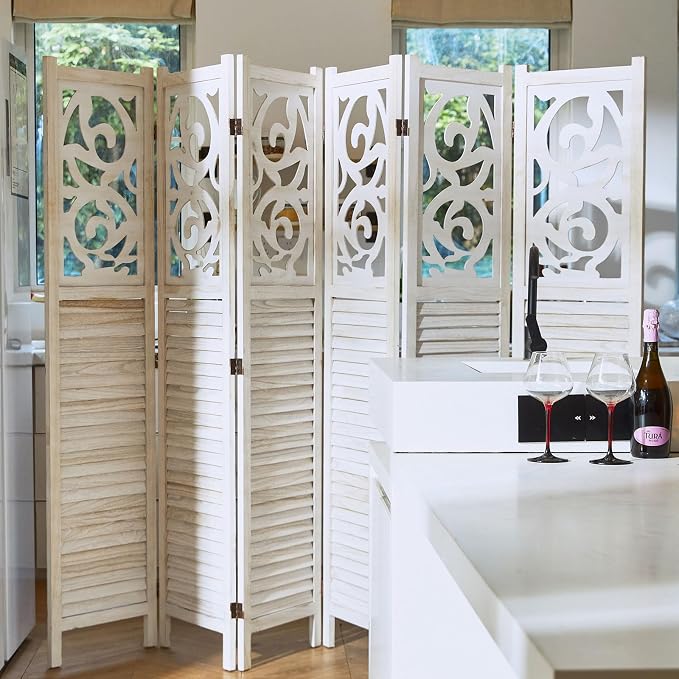 Svimi Folding Room Divider, 5.6Ft 6 Panels Wood Carved Privacy Screens - Image 7