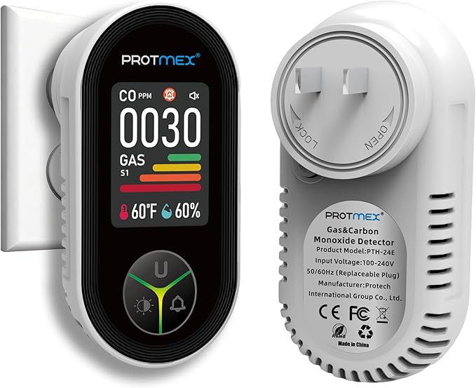 Protmex 4-in-1 Carbon Monoxide & Gas Detectors Plug in Large LCD Screen, Home CO Gas Detector with Temperature & Humidity Monitoring - 4 in 1 CO and Gas Detector Easy Installation for Home Travel