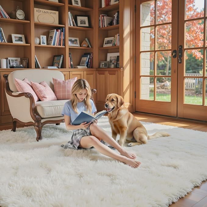 6x9 Shag Area Rug for Living Room, Cream Soft Plush Fluffy Carpet | Non-Slip - Image 4