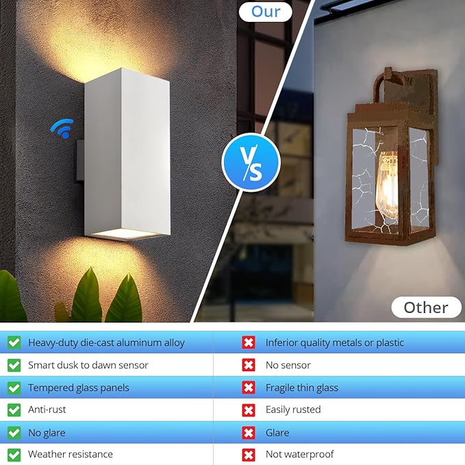 wowlite Modern Porch Lights White 2 Pack, Dust to Dawn Outdoor Light, Waterproof Outdoor Wall Lights Exterior Up and Down Lighting, 13" Square Outdoor Wall Sconce Lights for House Garage Front Door