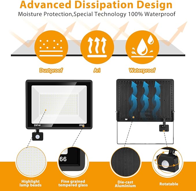 YANYCN 2 Pack 200W LED Motion Sensor Flood Light, Super Bright IP66 Waterproof Outdoor 23000 lumens 5000K Daylight Dusk to Dawn Security Light for Front Porch, Barn
