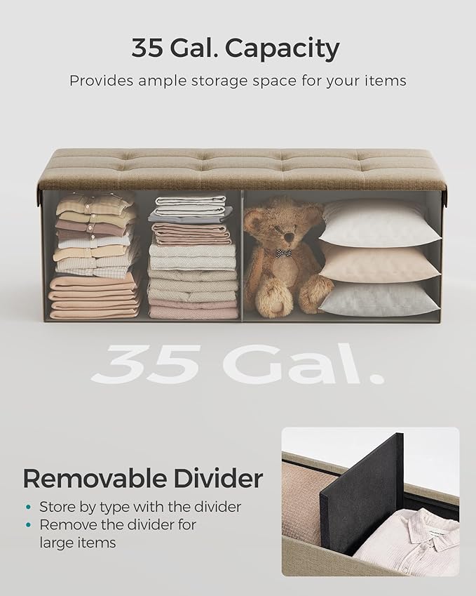 SONGMICS MAZIE Collection - 43 Inches Folding Storage Ottoman Bench, Ottoman Foot Rest, End of Bed Bench, Storage Chest, Load 660 lb, for Living Room, Bedroom, Entryway, Camel Brown ULSF077R01