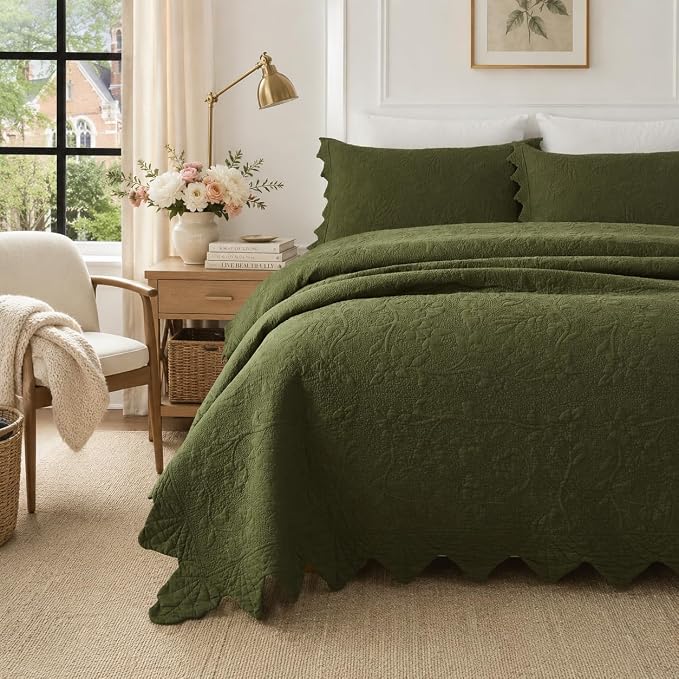 Brandream Olive Green Floral Vine Cotton Quilt Set King Size Luxury Scalloped by Brandream