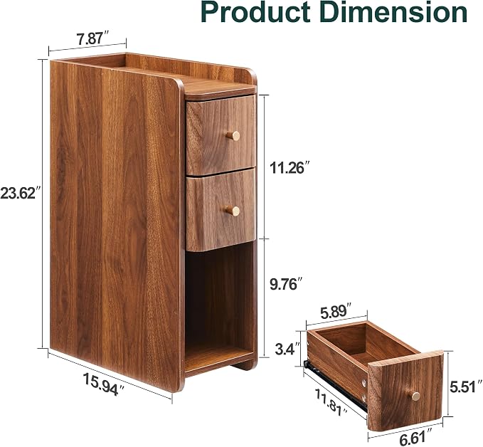 Narrow Nightstand Set of 2, Wooden Small 2 Drawer Nightstand, Slim Side End - Image 2