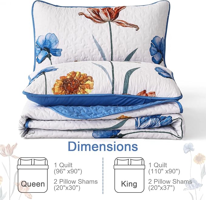 WONGS BEDDING Blue Quilt Set Queen Size, Cute Floral Botanical Bedspread - Image 7