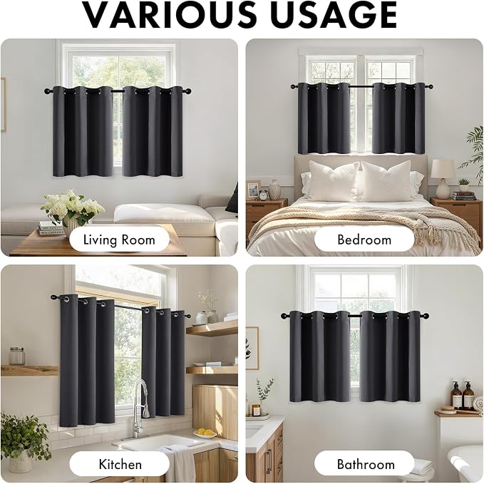 Short Dark Grey Half Blackout Curtains W40 x L36 Inch 2 Panels | Thermal - Image 5