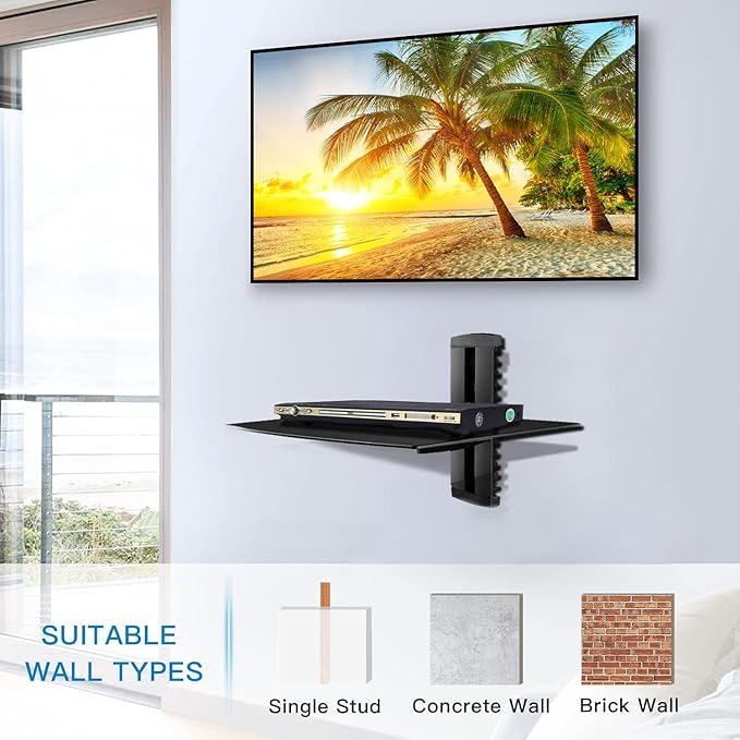 suptek Single Floating Shelf Wall Bracket with Strengthened Tempered Glass for DVD Players/Cable Boxes/Games Consoles/TV Accessories 1 Shelf, Black, CS201