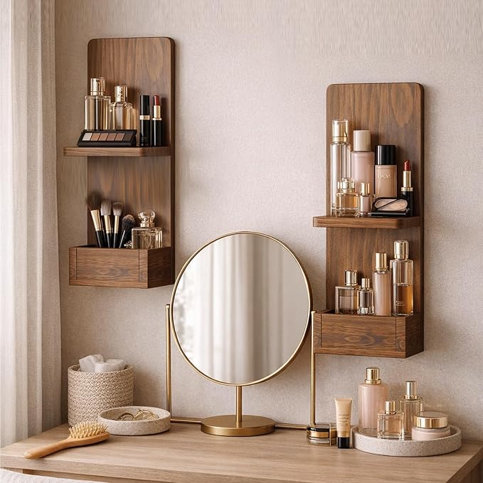 2-Tier Walnut Floating Wall Shelf, Bedroom Storage - Image 3