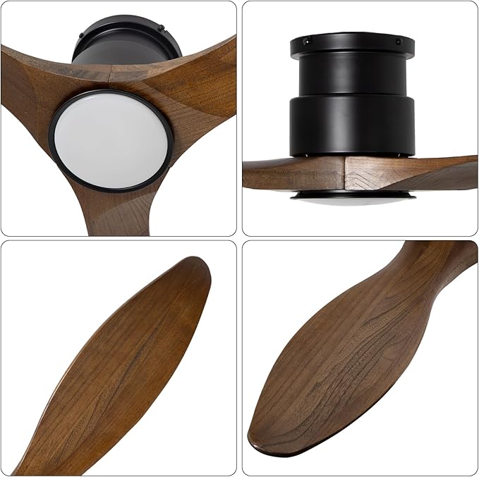 revoici 52'' Ceiling Fan with Lights and Remote, 3 Blade Amber Wood Low Profile Flush Mount Ceiling Fan Indoor, Reversible 6 Speeds Dimmable LED Light Fan for Bedroom Living Room Farmhouse