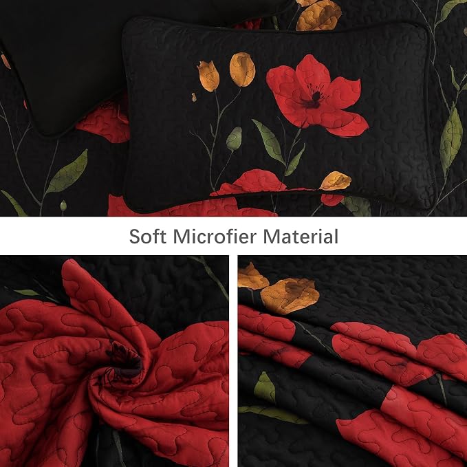 Mybedsoul Floral Quilt Set Queen Size, 3 Pieces Black Bedspread Coverlet Set - Image 6