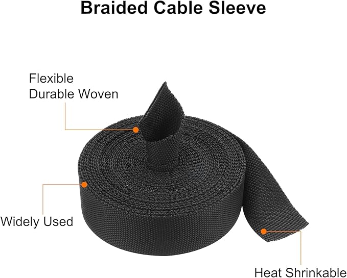 MECCANIXITY Braided Cable Sleeves Heat Shrinkable Fabric Sleeving, 7/8" 26ft Black 2:1 Ratio Heat Shrinkable Cord Protector for Harness Cable, Network Cable Protection, Cable Management