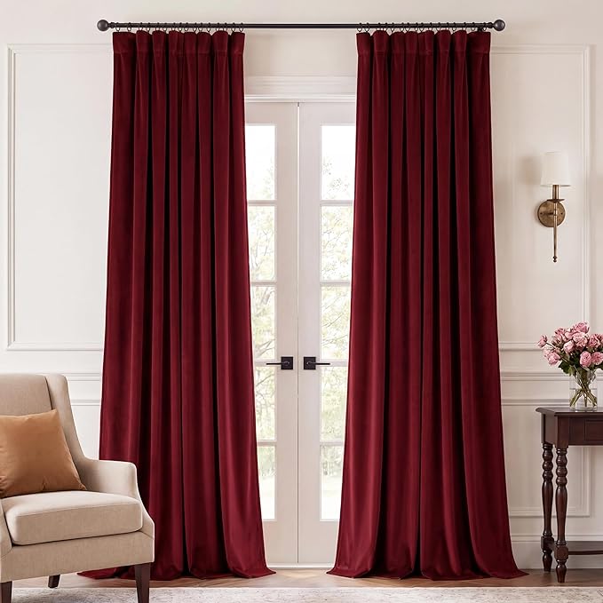 Burgundy Red Velvet Curtains 84 inches Christmas Decor, 2 Panels | Thermal by StangH