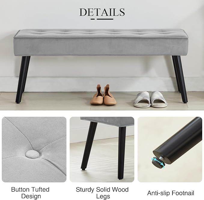 LOULENS Entryway Bench, Light Grey | Wood Legs, Button Tufted, Upholstered Bench - Image 4