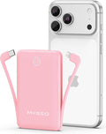 miisso 10000mAh Mini Portable Charger with Built in Cable, Pocket Size Power Bank Travel External Battery Pack for Phone, 3 Output USB Type C Cord Clutch Compatible with iPhone, Samsung, Pink