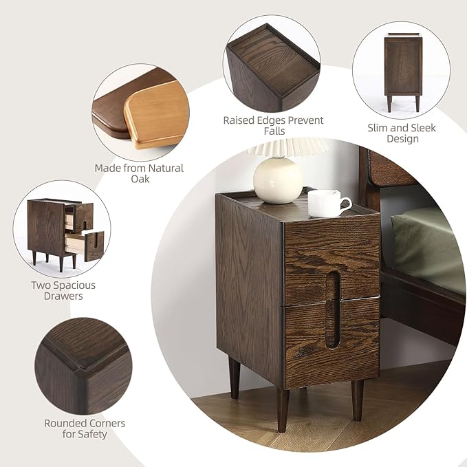 Solid Wood Bedside Table Nightstands, Slim Narrow Oak Real Wooden Mid-Century Modern End Table with Drawers Luxury Side Table Durable Cabinet Organizer Furniture, Walnut Color 9.84in Wide