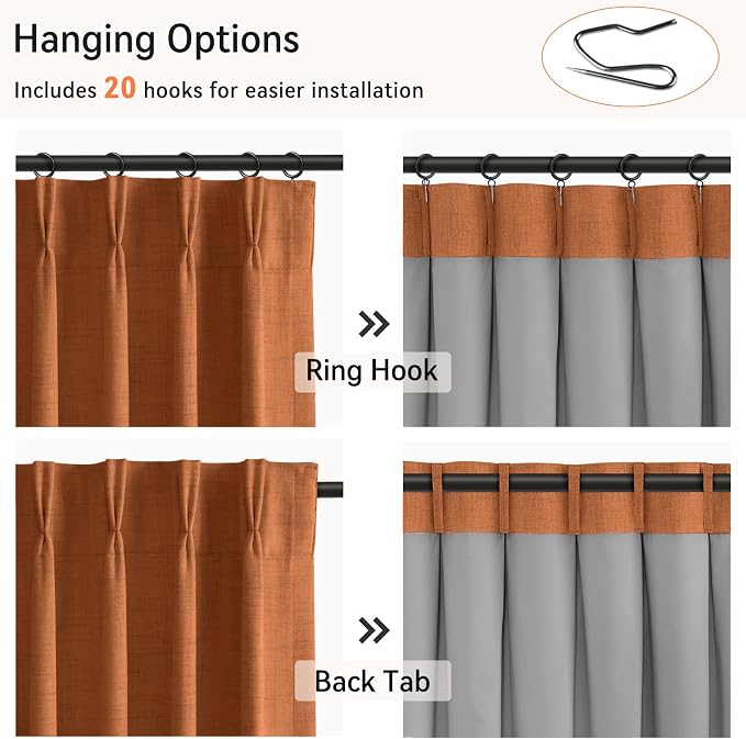Pinch Pleated Full Blackout Faux Linen Curtains 90 Inches Long | Burnt Orange - Image 3