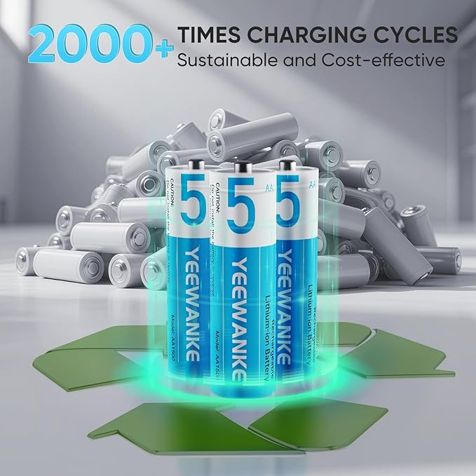 yeewanke Rechargeable AA Batteries with Charger, 8 Pack 8 Slot 1.5V High Power 3600mWh Lithium Double A Battery Rechargeable, Li-ion AA Battery with 2000+ Cycle Times, Fast Charging Storage Box