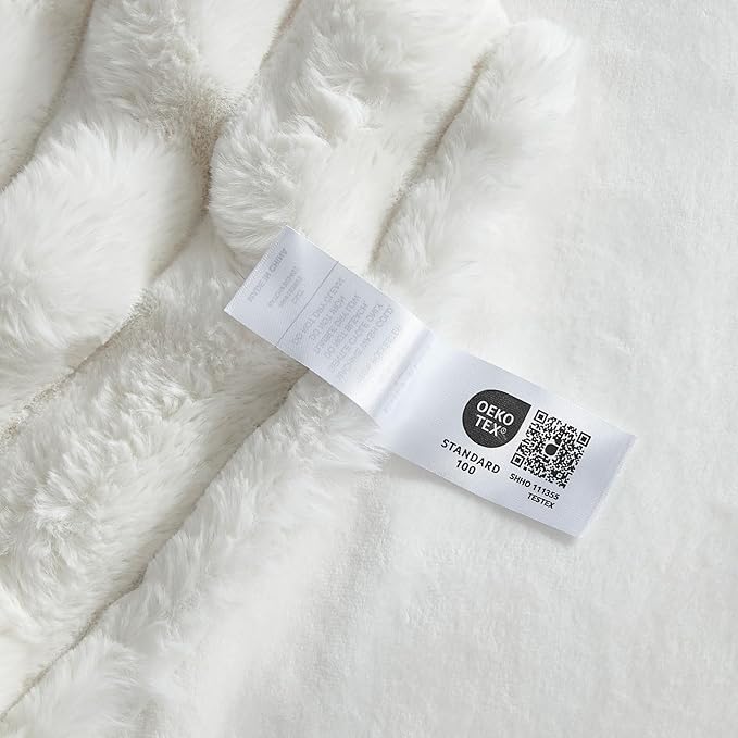 Cozy Bliss Faux Fur Throw Blanket for Couch, Cozy Warm Plush Striped Blanket for Sofa Bedroom Living Room, 108 * 90 Inches Cream White