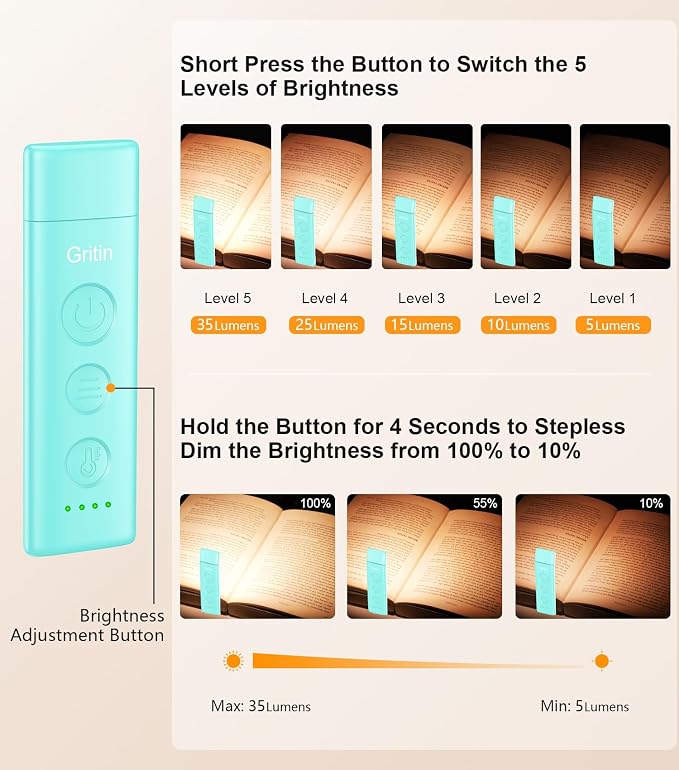 Gritin Book Light Rechargeable, Clip on LED Reading Light - Image 2