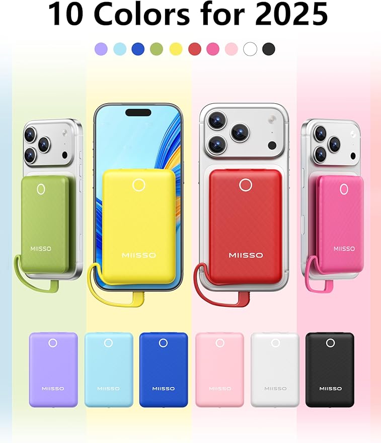 miisso 10000mAh Mini Portable Charger with Built in Cable, Pocket Size Power Bank Travel External Battery Pack for Phone, 3 Output USB Type C Cord Clutch Compatible with iPhone, Samsung, Green
