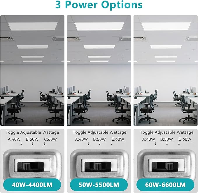 VocgoUU 2x4 LED Flat Panel Light for Drop Ceiling, 0-10V Dimmable, 40W/50W/60W Selectable, 4CCT 3000K/4000K/5000K/6000K, Up to 6600LM, ETL Listed, 100-277V, 6 Pack