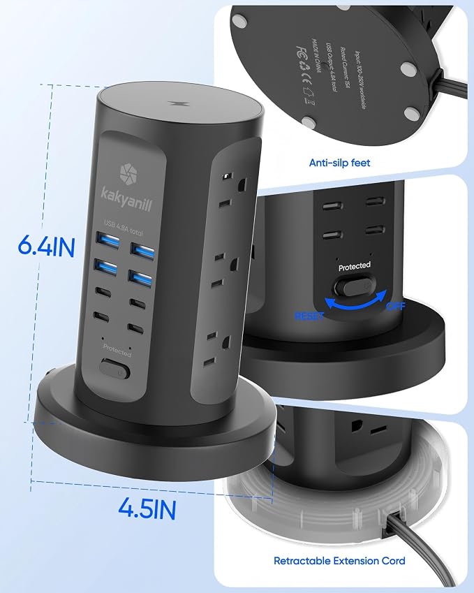 Power Strip Tower, kakyanill Charging Station 9 AC Outlets 8 USB Ports | 6 Ft - Image 7
