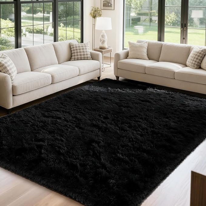 Black 8x10 Area Rugs for Living Room, Fluffy Shag Rug Large Bedroom Carpet | - Image 3