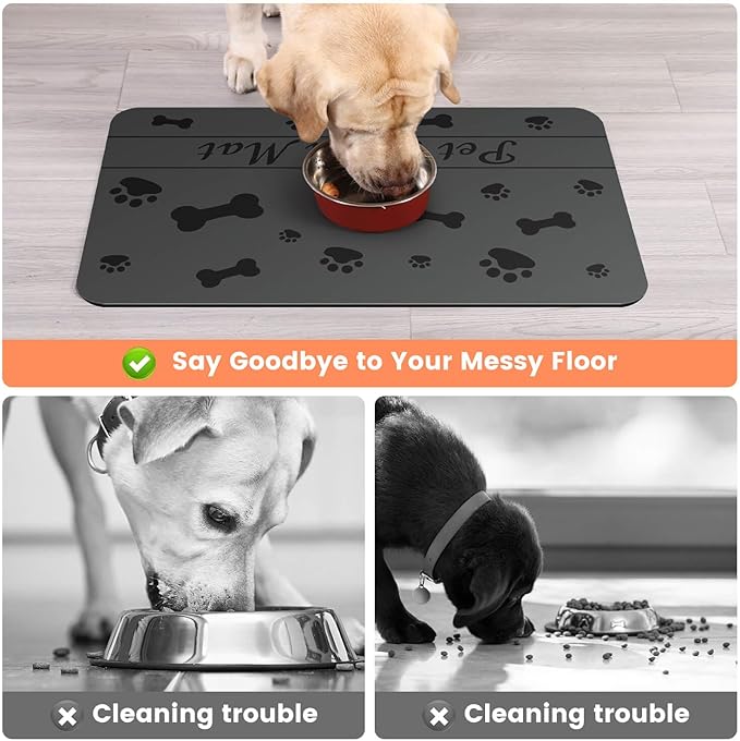 Pet Feeding Mat-Absorbent Pet Placemat for Food and Water Bowl, with Waterproof Rubber Backing, Quick Dry Water Dispenser Mat for Dog and Cat (27"x17", Bones)