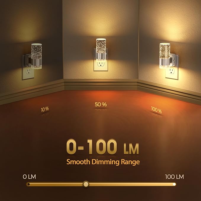 Briignite Night Light, 2 Pack Dimmable Night Lights Plug into Wall, Bubble Night Light with 0-100 LM Adjustable Brightness, Automatic Night Lights with Dusk to Dawn Sensor, for Bathroom Hallway